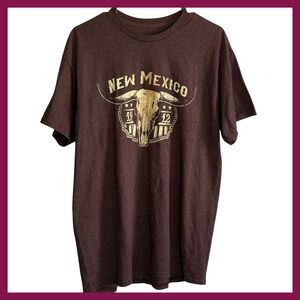 New Mexico Graphic Tee Mens Brown Short Sleeve Longhorn Skull Vintage 1912 Shirt
